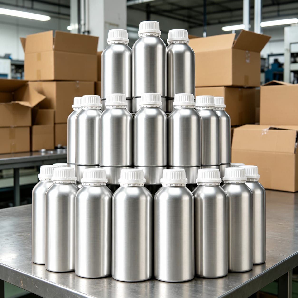 Flacons de recharge en aluminium empilés dans l’atelier de conditionnement